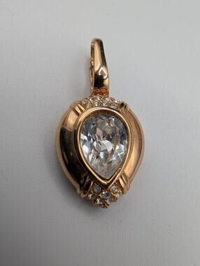 Swarovski Gold Tone Pear Crystal Pendant Charm Large Clear Rhinestones Signed
